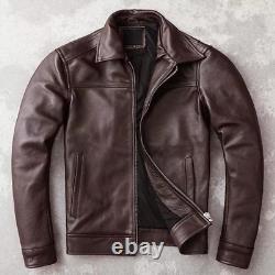 Veste en cuir véritable marron usé pour homme, style moto vintage cafe racer