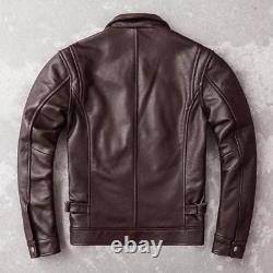 Veste en cuir véritable marron usé pour homme, style moto vintage cafe racer