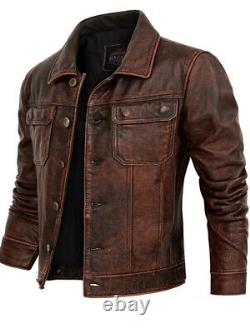 Veste en cuir véritable marron usée et slim à la mode de motard vintage de l'Air Force pour homme