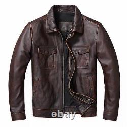 Veste en cuir véritable marron vieilli de style vintage pour homme