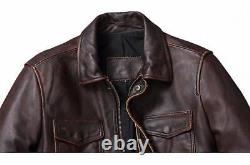 Veste en cuir véritable marron vieilli de style vintage pour homme