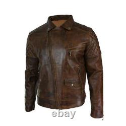 Veste en cuir véritable marron vieilli pour homme, style motard Harley vintage rétro