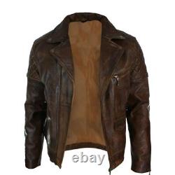 Veste en cuir véritable marron vieilli pour homme, style motard Harley vintage rétro