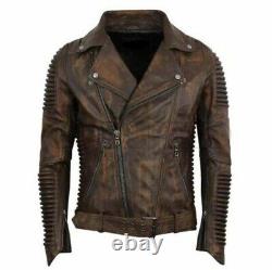 Veste en cuir véritable marron vieilli pour homme style vintage moto / XS-5XL