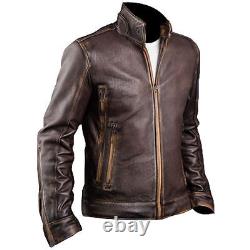 Veste en cuir véritable marron vieilli pour motard vintage pour hommes