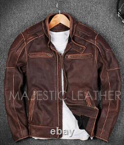 Veste en cuir véritable marron vieilli pour motards vintage style café racer pour hommes.