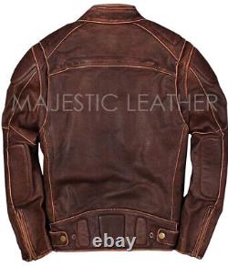 Veste en cuir véritable marron vieilli pour motards vintage style café racer pour hommes.