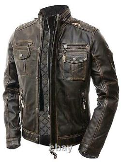 Veste en cuir véritable marron vieilli pour moto vintage Cafe Racer pour homme