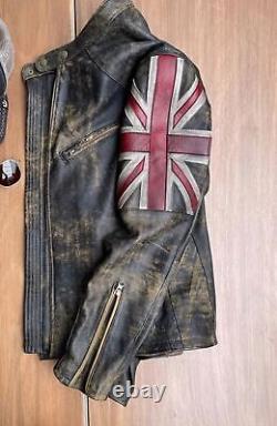 Veste en cuir véritable pour homme, biker vintage, moto, union, marron usé, drapeau britannique