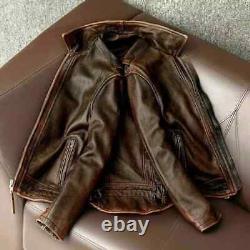 Veste en cuir véritable pour homme de moto vintage café racer en cuir marron vieilli