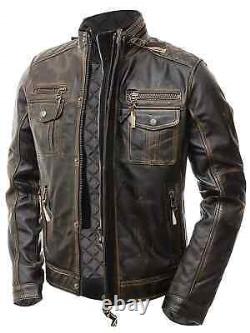 Veste en cuir véritable pour homme, moto, biker, vintage, marron vieilli, style cafe racer