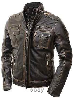 Veste en cuir véritable pour homme, moto, biker, vintage, marron vieilli, style cafe racer