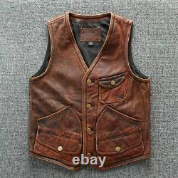 Veste en cuir véritable pour homme, style biker, matelassée, vintage, café racer, en cuir brun usé