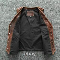 Veste en cuir véritable pour homme, style biker, matelassée, vintage, café racer, en cuir brun usé