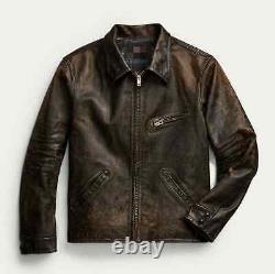Veste en cuir véritable pour homme, style moto vintage marron usé des années 1980
