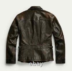 Veste en cuir véritable pour homme, style moto vintage marron usé des années 1980