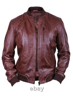 Veste en cuir véritable pour homme, veste de bombardier matelassée en cuir vieilli, noire et brune.