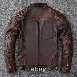 Veste en cuir véritable pour homme, vintage, coupe slim, moto, en cuir brun usé