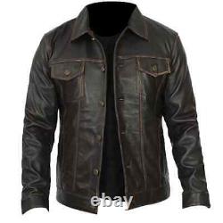 Veste en cuir véritable pour homme vintage de motard café racer en cuir marron vieilli avec manches en jean.