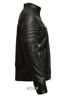 Veste en cuir véritable pour homme vintage de motard, café racer, marron et noir, usée.