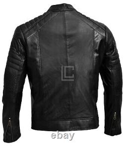 Veste en cuir véritable pour homme vintage de motard, café racer, marron et noir, usée.