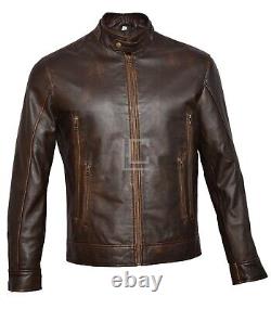 Veste en cuir véritable pour homme vintage de motard en cuir café racer marron vieilli