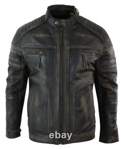 Veste en cuir véritable pour motard vintage noire et brune délavée avec fermeture éclair - Décontractée.