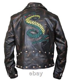 Veste en cuir véritable vieilli avec motif de serpent pour homme 'Mens Fallout Snake Real Leather Distressed Snake Tunnel Rule Jacket'