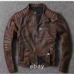 Veste en cuir véritable vieilli marron pour homme, moto, biker, vintage, café racer