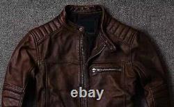 Veste en cuir véritable vieilli marron pour homme, moto, biker, vintage, café racer