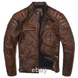 Veste en cuir véritable vintage brun ciré antique pour motard masculin