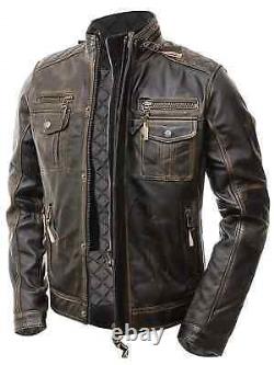 Veste en cuir véritable vintage brun usé pour motard de café pour hommes