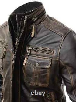 Veste en cuir véritable vintage brun usé pour motard de café pour hommes