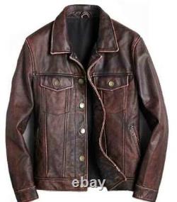 Veste en cuir véritable vintage de motard de café racer brun vieilli