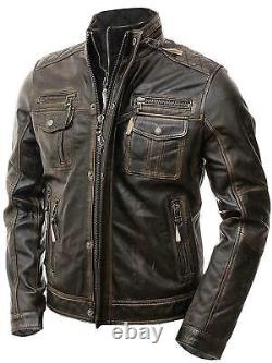 Veste en cuir véritable vintage marron usé de motard de moto pour hommes