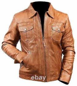 Veste en cuir véritable vintage marron usé pour motard de moto hommes