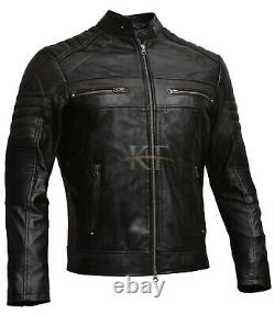 Veste en cuir véritable vintage pour motard en détresse, marron et noir, style Café Racer