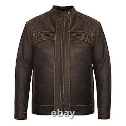 Veste en cuir véritable vintage usé style café racer marron antique pour homme