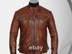 Veste en cuir vieilli, Blouson de motard marron fait main, pour homme, Moto cirée