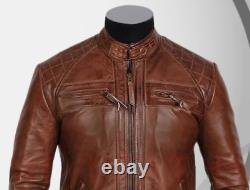 Veste en cuir vieilli, Blouson de motard marron fait main, pour homme, Moto cirée