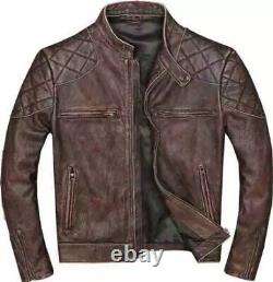 Veste en cuir vieilli marron pour homme, style biker café racer vintage