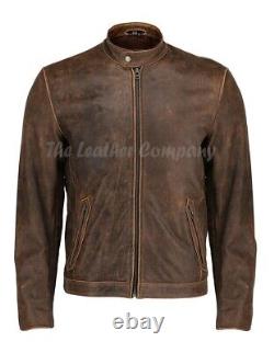 Veste en cuir vieilli marron pour moto vintage de style Café Racer pour homme