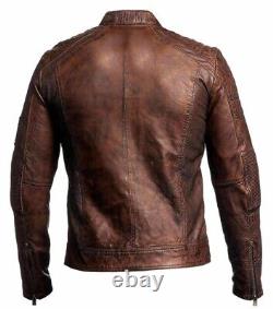 Veste en cuir vintage ajustée pour moto style Café Racer Biker Vintage Distressed