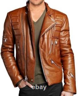 Veste en cuir vintage marron délavé, ajustée style motard pour homme
