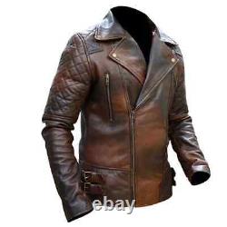 Veste en cuir vintage marron pour moto classique avec diamants pour hommes