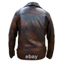 Veste en cuir vintage marron pour moto classique avec diamants pour hommes