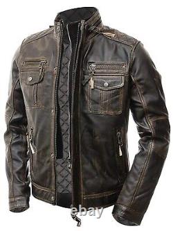 Veste en cuir vintage marron vieilli pour motard de café racer pour hommes