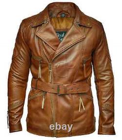 Veste en cuir vintage marron vieilli pour motard de moto 3/4 pour hommes