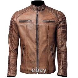 Veste en cuir vintage pour homme, marron vieilli, coupe slim, style pur biker