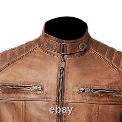 Veste en cuir vintage pour homme, marron vieilli, coupe slim, style pur biker